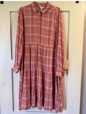 Pink/ Dusty Rose Plaid Tiered Maxi Dress Women XL Pockets/ Button Front/ Collar